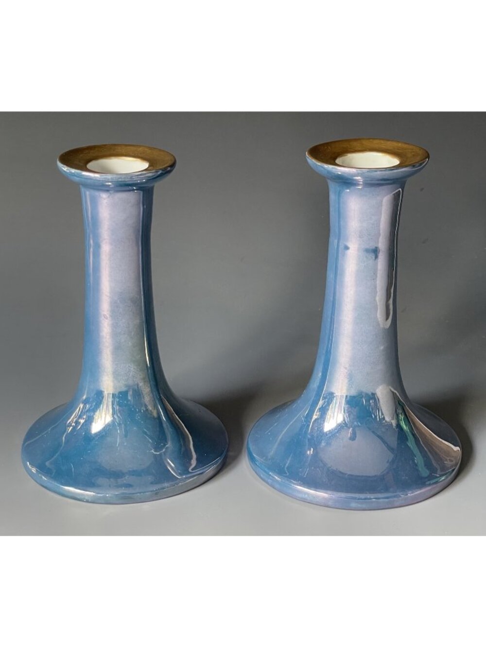Pair of Antique Blue Lustre Glaze Porcelain Candlestick Holders 19th - 20th C.